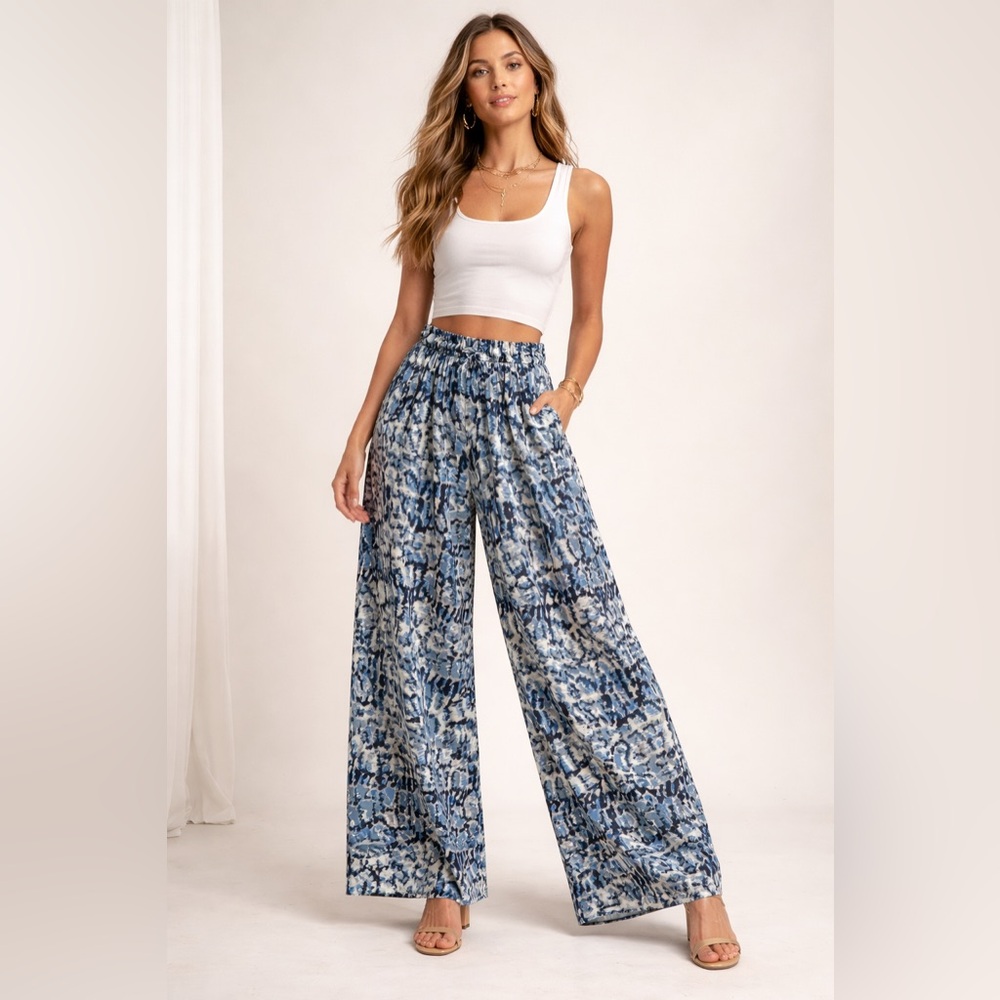 Free People Blue Abstract Wide-Leg Pants – Size M